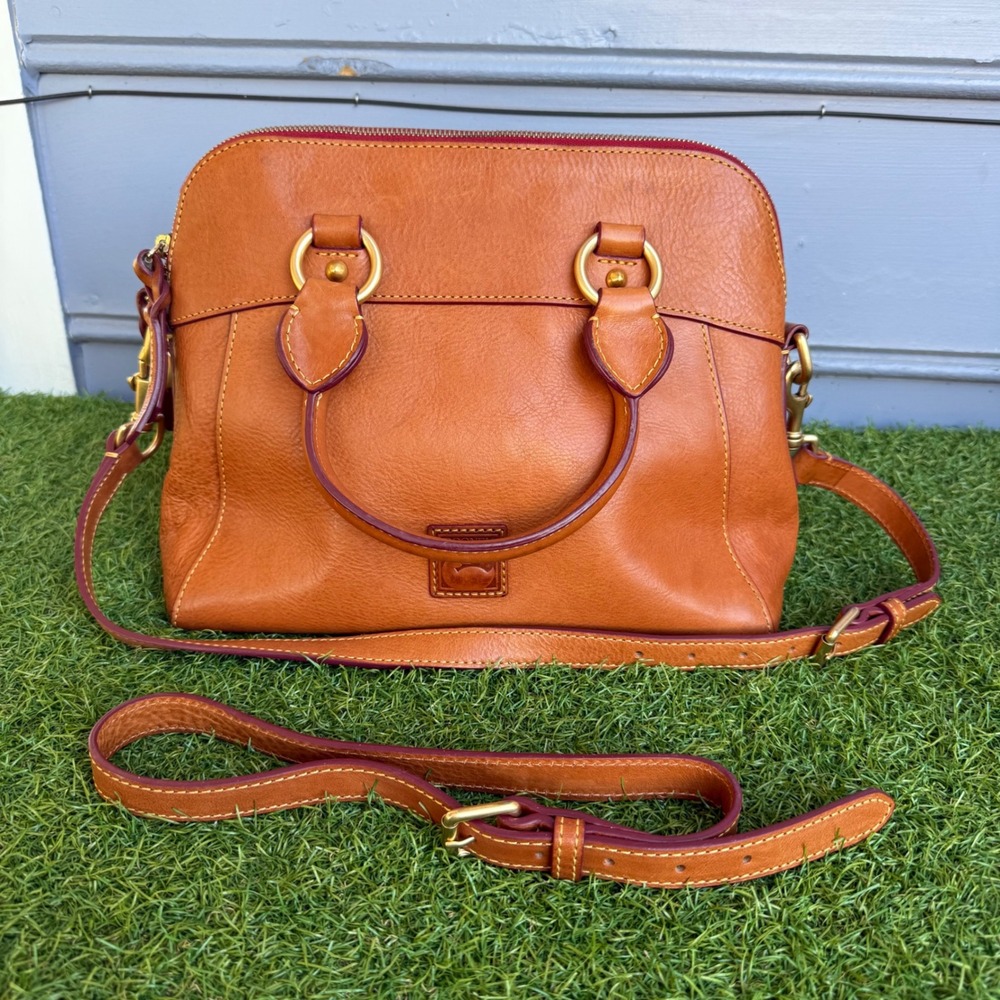 Dooney Bourke Cameron Florentine Vacchetta Leather Satchel Bag Chestnut Leather